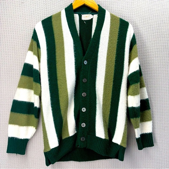 Vtg 60s Brent Montgomery Ward Cardigan Sweater Men S Green Striped Mohair Wool - Picture 1 of 10